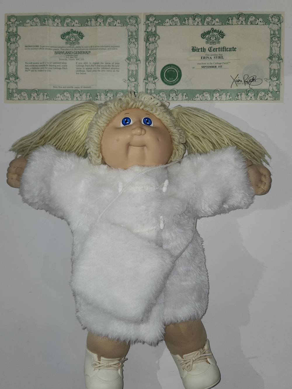 Cabbage Patch Doll With White Fur Coat Doll with Birth Certificate